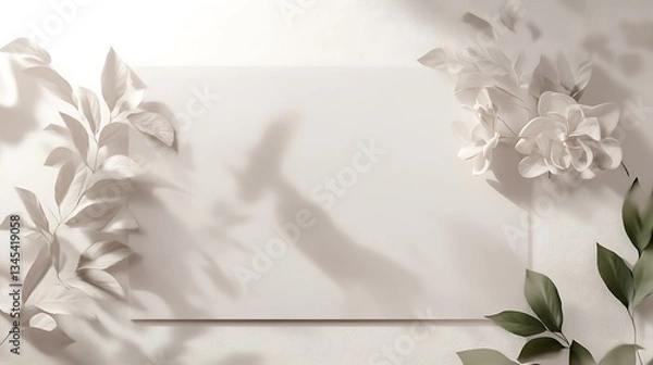 Fototapeta A minimalist composition featuring a blank canvas surrounded by soft, white foliage and shadows.