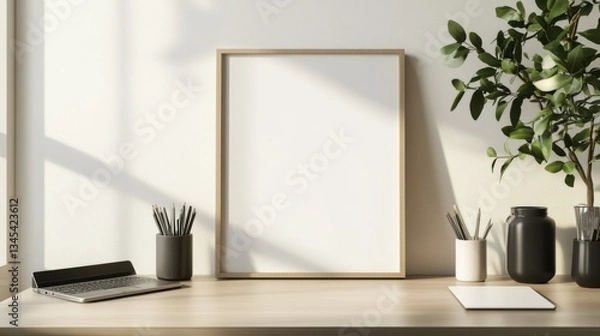 Fototapeta blank screen mockup. Minimalist Home Office Mockup with Empty Frame and Plant