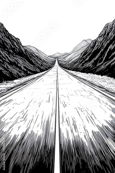 Fototapeta Dramatic Mountain Road Perspective Black and White Illustration in Comic Book Style with Intense Speed