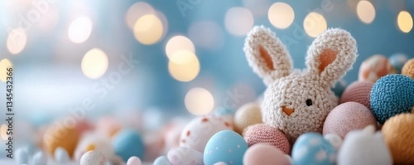 Fototapeta Soft White Easter Bunny With Pastel Blue Eggs Dreamy Decorative Image For Easter Celebrations Delicate Bunny, Fluffy Texture, Warm Bokeh, Festive Composition For Easter