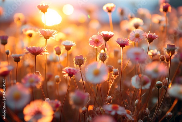 Obraz Capture ethereal beauty of a meadow adorned with a tapestry of untamed blossoms, immortalizing gossamer dewdrops delicately adorning their petals, all bathed in gentle, ethereal glow of daybreak