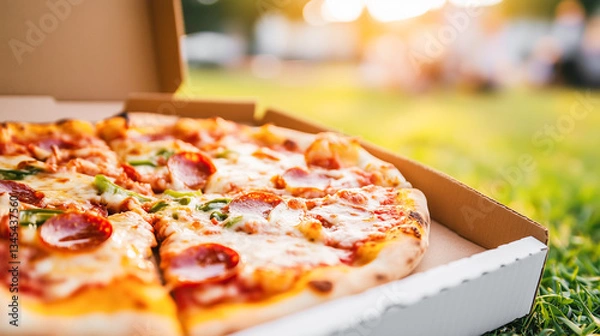 Fototapeta Delicious fresh hot pizza in a cardboard white box lies on green grass on a picnic outdoor in the park on a warm summer day. Fast food in nature delivered by courier.