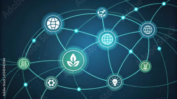 Fototapeta glowing network of interconnected nodes with various icons representing global connectivity, sustainability, and innovation. design is futuristic and digital