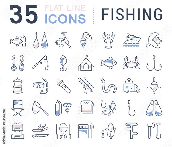 Fototapeta Set Vector Flat Line Icons Fishing