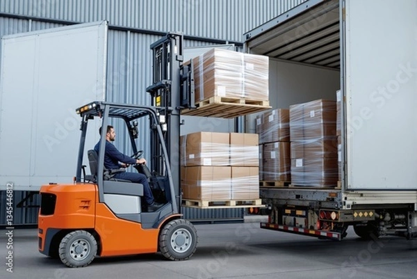 Obraz Warehouse worker operating forklift to load cargo onto truck.