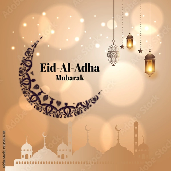 Fototapeta Eid al-Adha Mubarak celebration with lanterns, crescent moon, and mosque silhouette