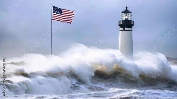 Obraz Flag by Lighthouse with Waves