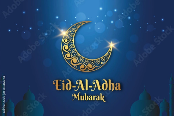 Fototapeta Eid al-Adha Mubarak celebration with lanterns, crescent moon, and mosque silhouette