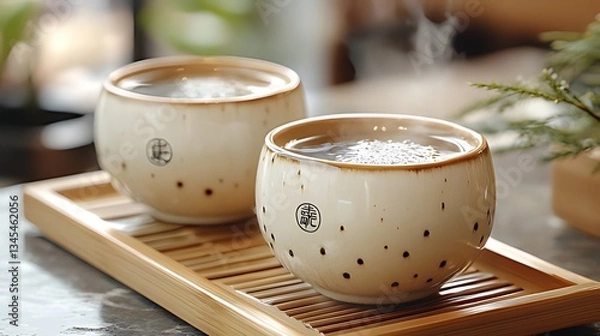 Obraz Steaming teacups on tray, cafe background, relaxation