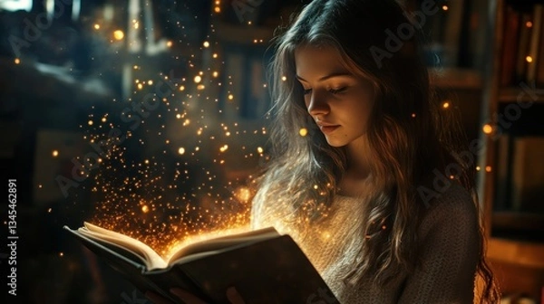 Fototapeta Woman sits reading a book, and a magical light from a fiber optic beam appears from the book.