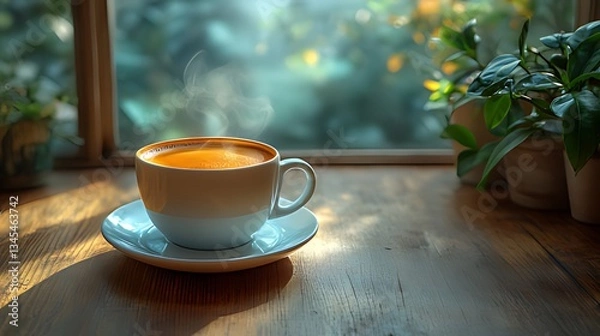 Obraz Steaming coffee, cafe window, sunlight, plants, morning