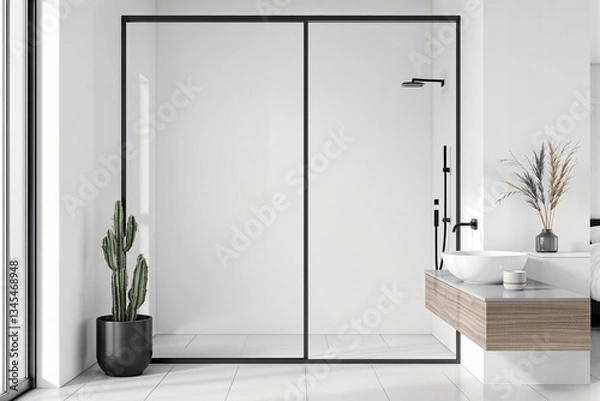 Obraz Modern minimalist bathroom with glass shower and floating wooden vanity.