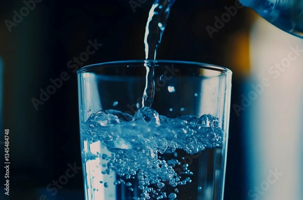 Fototapeta Clear Liquid Being Poured Into Glass With Bubbles And Soft Lighting In Backgrounds. High-Quality Photography for Product Display, Lifestyle, and Advertising Use.  Studio Setting.
