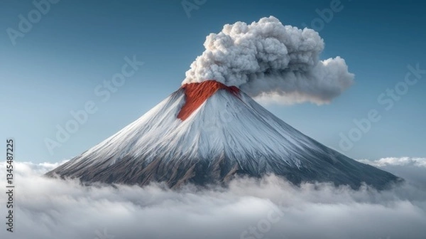 Fototapeta Snow-Capped Volcano Erupting with Ash Against Clear Blue Sky Above White Clouds