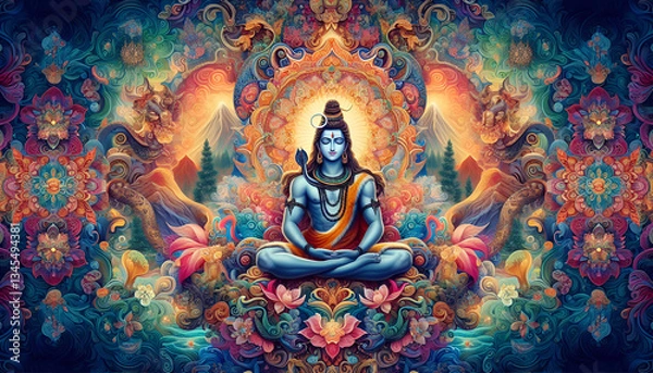 Fototapeta Lord Shiva in Meditation Surrounded by Colorful Flowers and Divine Light