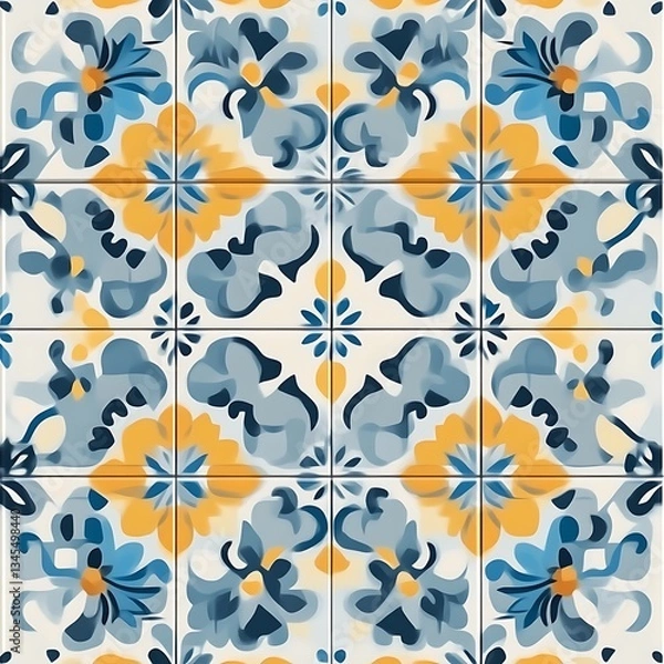 Obraz Floral Tile Pattern: Blue for Yellow Design.