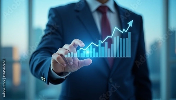 Obraz Business Growth: A sharp businessman in a suit showcases a rising bar graph, symbolizing financial success, with a modern city backdrop in a modern, professional setting.