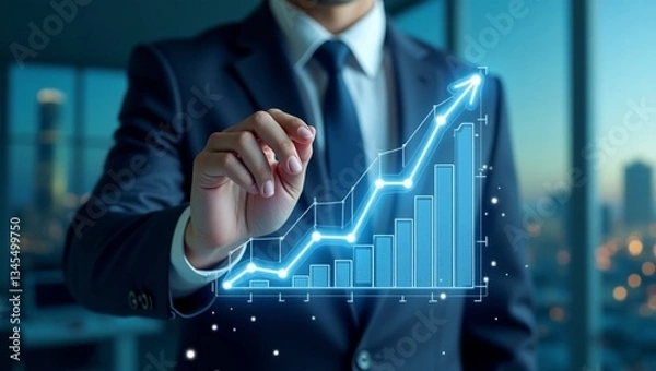 Obraz Ascending Ambition: A sharp businessperson in a tailored suit traces the dynamic growth of financial data, representing market expansion and success.