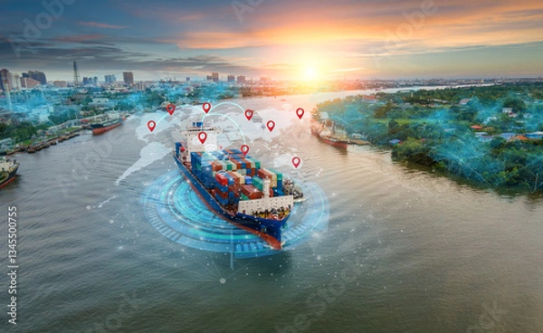 Fototapeta Aerial top view containers ship cargo business commercial logistic and transportation international import export by container freight cargo ship with ocean network on map