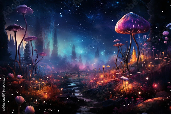 Obraz forest at night is filled with an enchanting aura as moon radiant light bathes surroundings shimmering silver hue, evoking a sense of intrigue and serene elegance