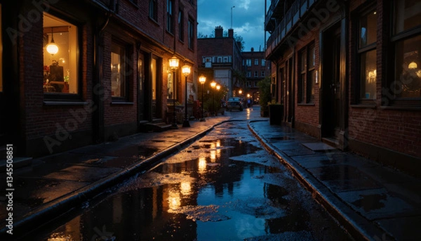 Fototapeta Atmospheric wet street illuminated by lamps at dusk  