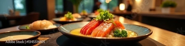 Fototapeta Upscale dining experience in modern Japanese restaurant with minimalist design, minimalist, upscale, luxury