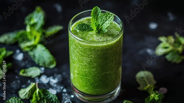 Fototapeta Green Goodness: A refreshing and healthy green smoothie in a glass, garnished with fresh mint leaves, suggesting health, vitality, and natural ingredients, against a textured dark background.