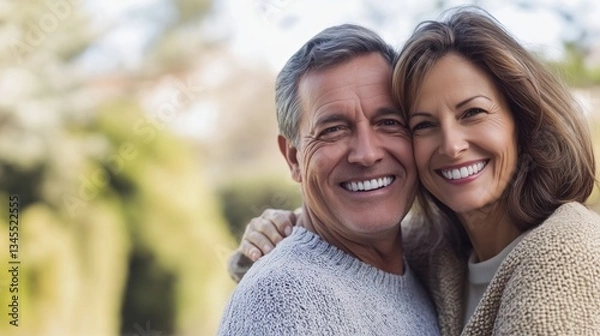 Fototapeta A banner featuring a smiling elderly couple with perfect teeth, promoting dental implants