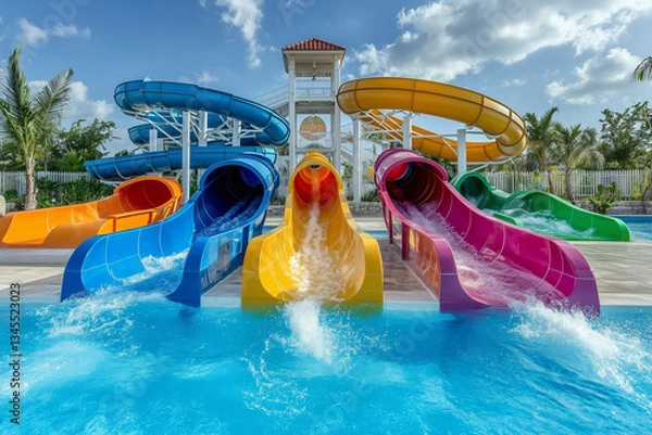 Obraz kids going down water slide at a park in summer 