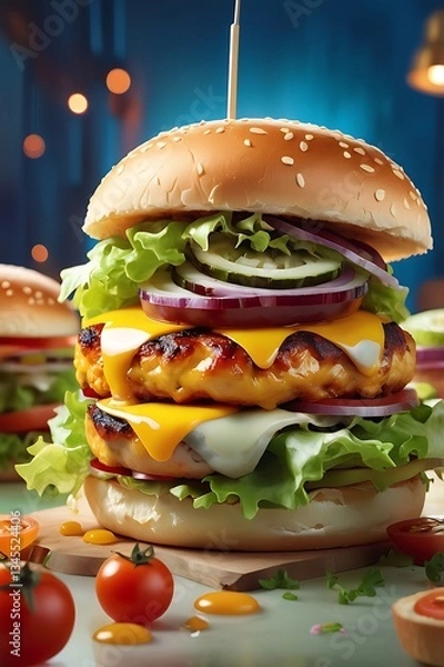 Obraz A succulent chicken burger showcases a perfectly grilled and seasoned chicken patty with crisp lettuce, juicy tomatoes, and melted cheese, all sandwiched between fluffy sesame seed buns.
