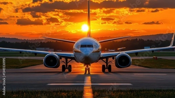Fototapeta Airplane on runway during stunning sunset with golden sky hues