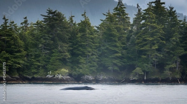 Fototapeta Humpback Whale Surfacing in a Misty Alaskan Fjord
