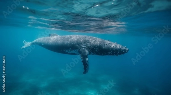 Fototapeta Graceful Humpback Whale Underwater in Turquoise Ocean