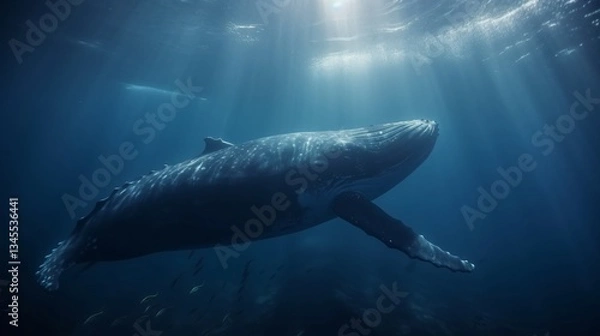Fototapeta Majestic Humpback Whale Undersea Encounter Sunbeams Illuminating Oceanic Giant