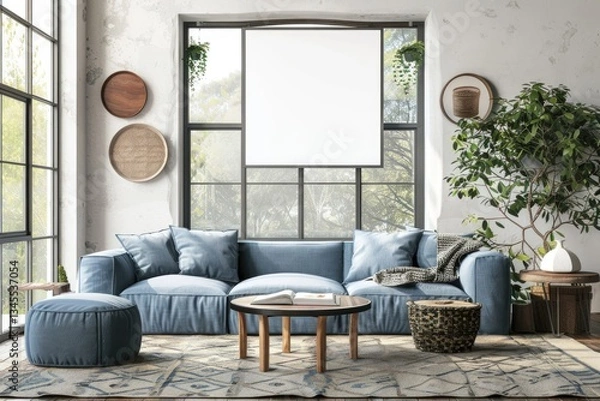 Fototapeta High Definition Image of Cozy Living Room Interior with Panoramic Window