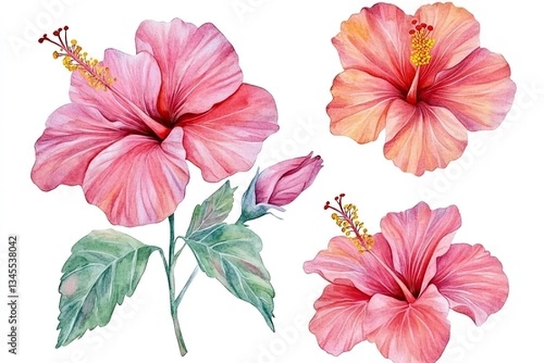 Obraz set of watercolor vibrant hibiscus flowers hand drawn on a white background