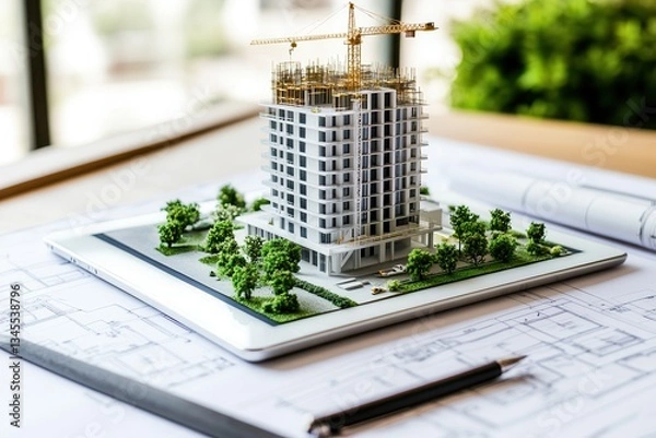 Fototapeta Architectural model of a modern apartment building with construction crane.