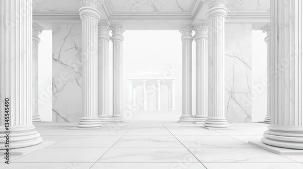Fototapeta Ancient White Marble Columns Interior, Empty Space, Architectural Perspective, For Product Presentation, Use in Design Projects