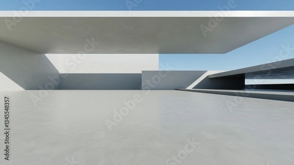 Fototapeta 3d render of abstract modern concrete architecture with empty cement floor, minimal exterior, car presentation background