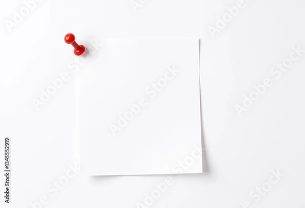Fototapeta White sticky note pinned to a plain background with a red pushpin, surface, close-up