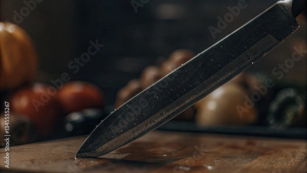 Fototapeta Sharp kitchen knife on wooden cutting board with vegetables, symbolizing danger and tension in culinary or suspenseful context. Focus on precision and risk in food preparation or dramatic scenarios.