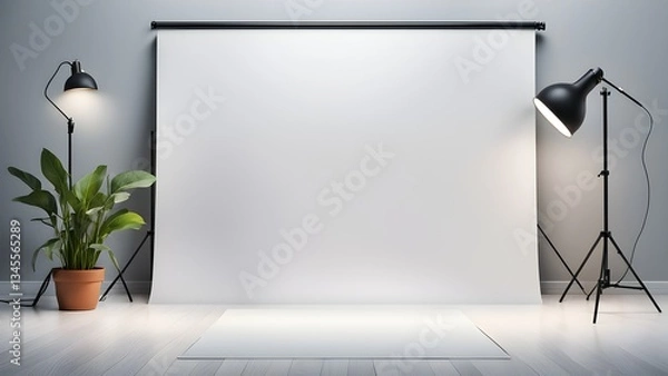 Fototapeta Clean, minimalist photography studio setup white backdrop, lighting equipment, plant. Ideal product photography showcasing designs.