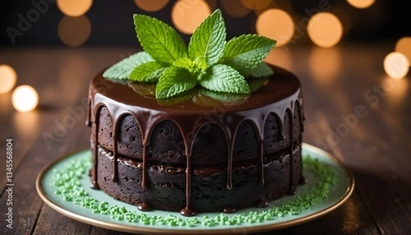 Fototapeta chocolate cake with mint leaves on top