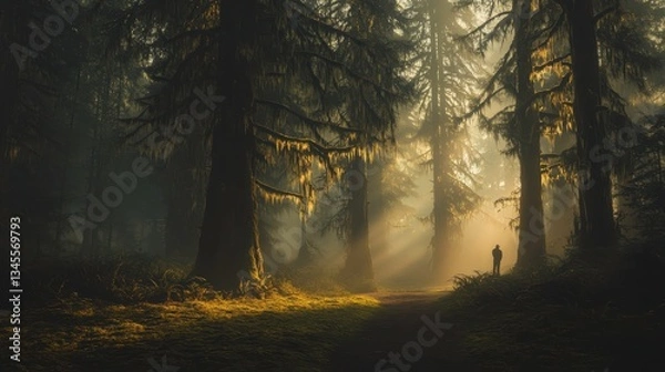 Fototapeta Exploring serenity in a misty forest pacific northwest nature photography tranquil environment ground level peacefulness