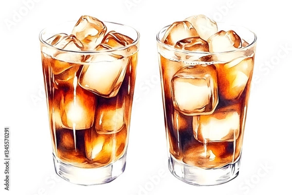 Fototapeta Illustration of Two Refreshing Cola Drinks with Ice Cubes in Clear Glasses Against a Transparent Background for a Cold Sweet Summer Beverage
