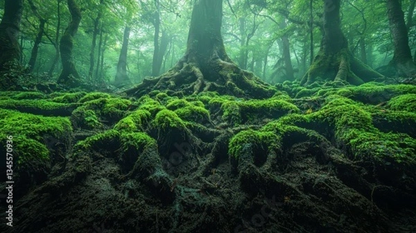 Fototapeta Exploring the majestic green forest roots enchanted nature scene lush environment ground view serenity concept