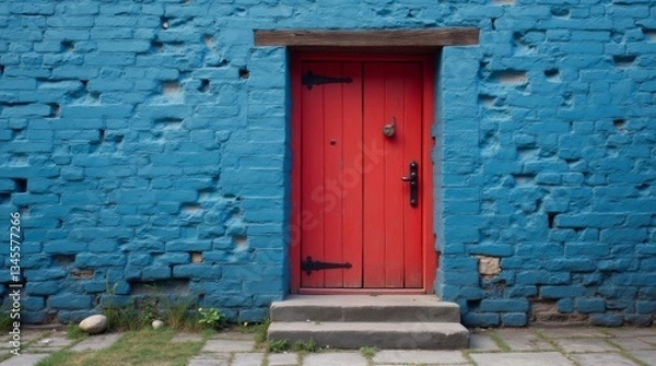 Fototapeta old red door with blue brick wall