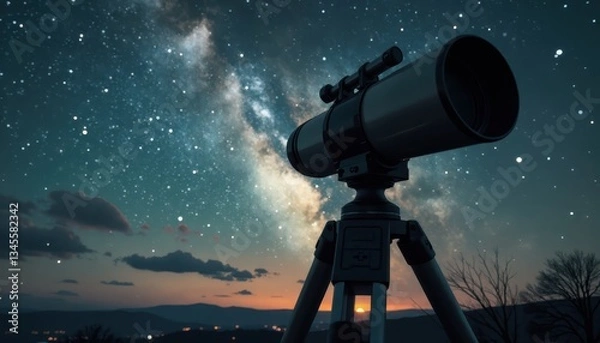 Fototapeta Telescope observing starry night with milky way background during Earth Hour.