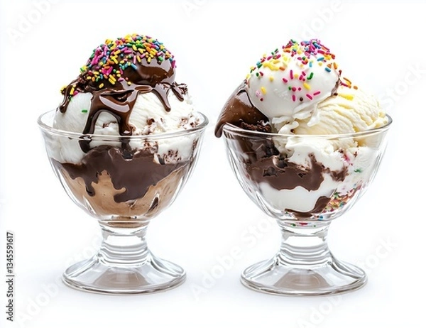 Fototapeta Two ice cream sundaes drowned in chocolate and vanilla, with sprinkles on top of the ice cream in glass bowls, isolated on a white background.