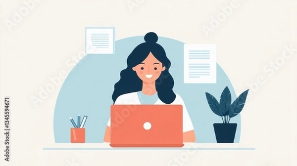 Obraz Asian female cartoon character working on laptop in office setting